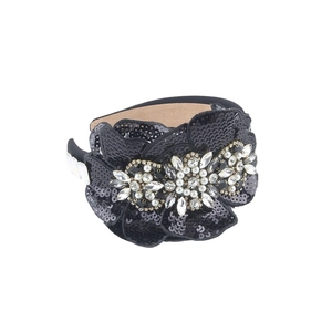 Baroque wide headband with black sequins and 3D floral pearls and rhinestones