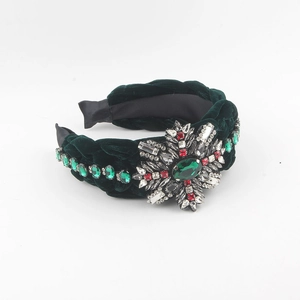 Luxurious dark green velvet braided headband with rhinestones and crystal flower pattern
