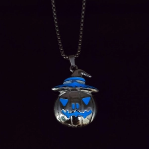 Luminous blue pumpkin pendant with wizard hat on a sleek black stainless steel chain