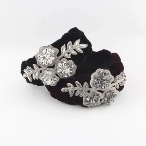 Luxury Braided Velvet Wide Headband With Rhinestone Flower Leaf Retro Palace Style Hair Hoop Party Wedding For Women