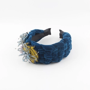 Fashionable deep blue velvet braided headband with rhinestones and floral embroidery