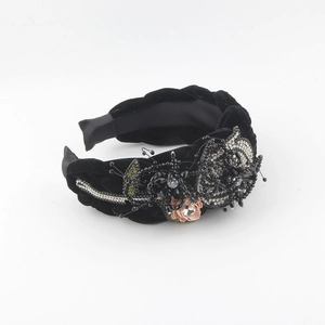 Elegant black velvet headband with luxury crystal beads and pink satin rhinestone flower