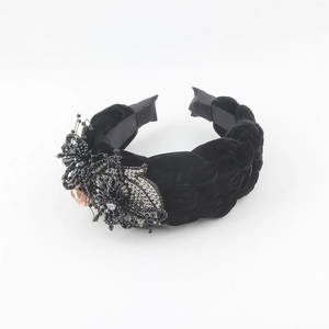 Elegant black velvet braided headband with sparkling crystal beads and rhinestones decoration