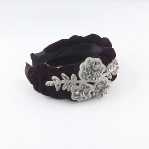 Elegant velvet braided headband with silver leaf metal parts and rhinestones for women
