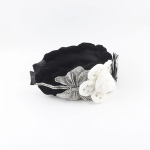 French lace rose headband in black velvet with sparkling rhinestones for women