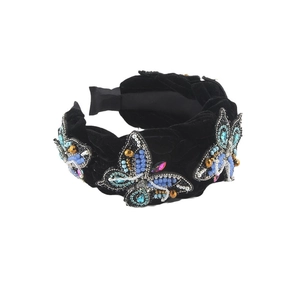 Cerchietto vintage in velluto nero con farfalle di perline fatte a mano per donne eleganti