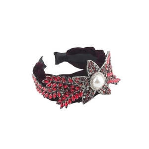 Deep red velvet headband with sparkling crystals, central pearl and floral leaf design