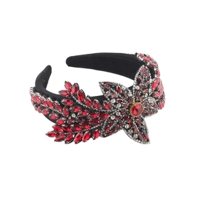 Serre-tête de luxe avec strass rouges et feuilles sur tissu en velours noir