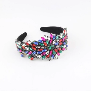 Luxury Baroque wide headband featuring multicolored crystals and emerald gems on black velvet