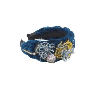 Fashionable navy blue velvet braided headband with floral beads and rhinestones detail