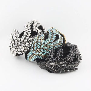 Luxury Baroque Rhinestone Padded Headband For Women Fabric Leaf Pattern Thick Hair Hoop Wedding Party Hair Accessories