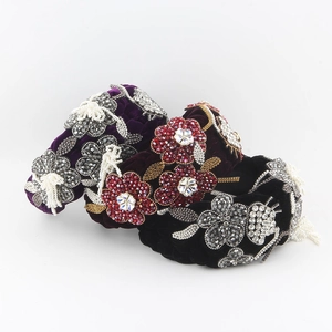 Serre-tête Tressé en Velours Baroque de Luxe pour Femmes Fait Main Fleur en Strass Rembourré Large Accessoires de Coiffure