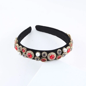 Vintage Baroque wide headband with red rubies, rhinestones and pearls on black velvet