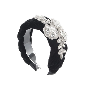 Luxurious black velvet braided headband with silver rhinestone flower and leaf design