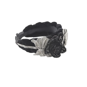 Fashion velvet rose headband with crystal bow and ruched wide design in elegant black