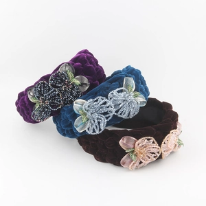Vintage Velvet Braided Wide Headband With Handmade Rhinestone Beaded Floral Decoration Elegant Luxury Hair Hoop For Women