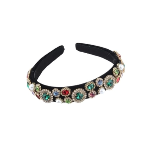 Baroque black velvet padded headband with colorful rhinestones and faux pearls