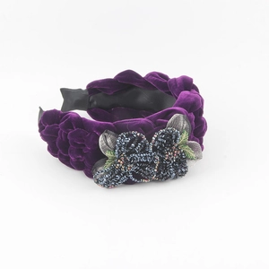 Elegant purple velvet braided headband with handmade beaded flower and crystal details
