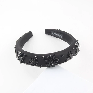 Handmade Black Beaded Padded Headband For Women Elegant Floral Rhinestone Sequin Hairband Retro Luxury Hair Accessories