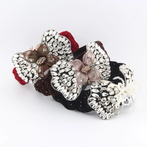 Serre-tête Tressé en Velours à Bord Large Avec Strass et Fleurs en Maille Nœud Accessoires de Coiffure Femme Mariage Fête