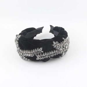 Fashion wide black velvet headband with sparkling rhinestones and twisted leaf design