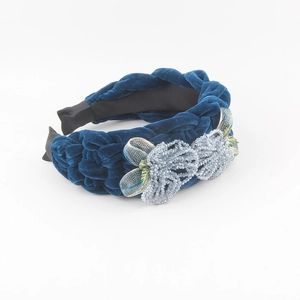 Navy blue velvet braided headband with silver crystal flower details and high crown design