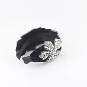 Luxury black velvet headband with sparkling crystal floral rhinestones in baroque style