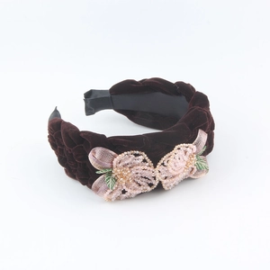 Fashion wide burgundy velvet braided headband with handmade crystal flower beads decor