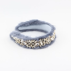 Fashion gray faux mink sponge headband with crystal flower pattern for women