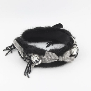 Luxury black faux fur headband with sparkling rhinestone bow and crystal bead tassels