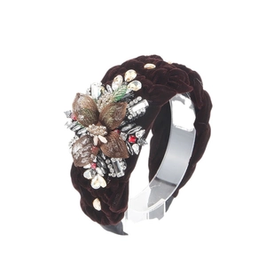Vintage velvet braided headband with crystal flowers for an elegant high-crown look