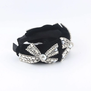 Fashion velvet headband with rhinestones bow and pearls for elegant hair styling