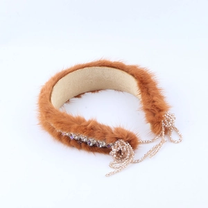 Luxury brown faux mink fur headband with sparkling rhinestones and beaded tassels