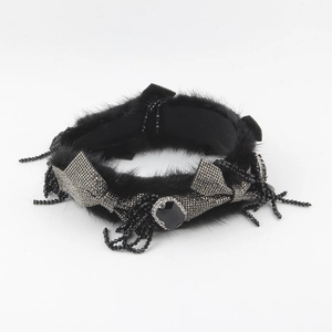 Luxury black mink fur headband with sparkling crystals, vintage jewel, and beaded tassels