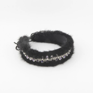 Luxury rhinestone padded headband with black mink fur and sparkling crystal fringes