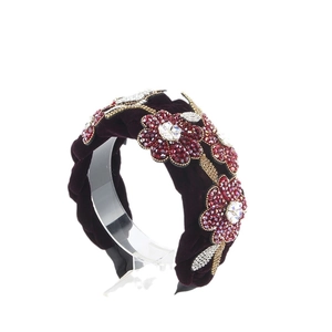 Serre-tête tressé en velours baroque avec cristaux rouge foncé et fleurs de luxe