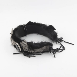 Luxury black faux fur headband with sparkling rhinestone bow and fringe tassels
