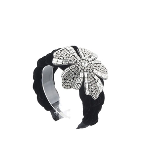 Baroque black velvet braided headband with sparkling rhinestone flower accessory