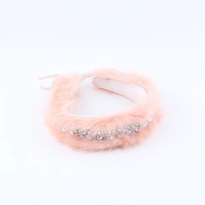Luxury pink mink fur headband with sparkly rhinestones and crystal beads for women