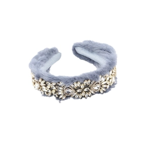 Plush faux fur headband in grey with sparkling gold rhinestone flower pattern design