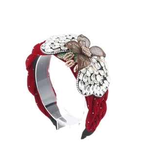 Serre-tête luxueux en velours rouge tressé avec cristaux brillants et fleur en résille