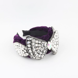 Serre-tête exquis en velours violet avec grand nœud et strass en acrylique étincelants