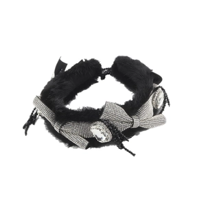 Luxurious black faux mink fur headband with sparkling crystal bows and fringe tassels
