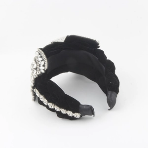 Fashion wide black velvet braided headband with sparkling rhinestone bow embellishments