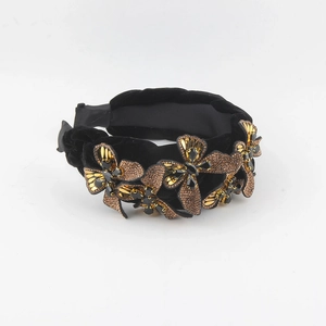 Luxurious velvet headband with gold metal butterflies and bronze rhinestones