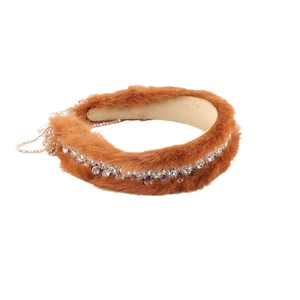 Luxury rhinestone faux mink fur headband in caramel with elegant crystal fringe decoration