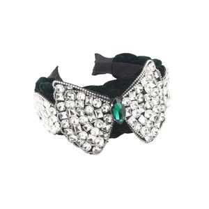Serre-tête en velours vert avec un grand nœud en strass et cristaux de style vintage chic