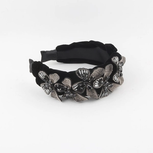 Luxury black velvet headband with elegant rhinestone butterfly embellishments