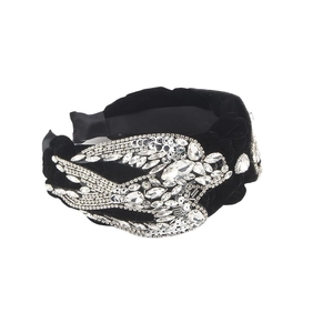 Barocker breiter Samt-Haarreif in Schwarz mit luxuriösen Strasssteinen und Vogelmotiven