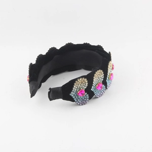Baroque wide headband with black velvet fabric and colorful heart shaped rhinestones